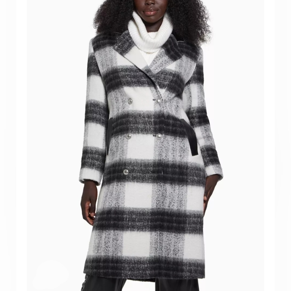 Guess Amalia Black & White Check Plaid Double-Breasted Trench Wool Coat L New!